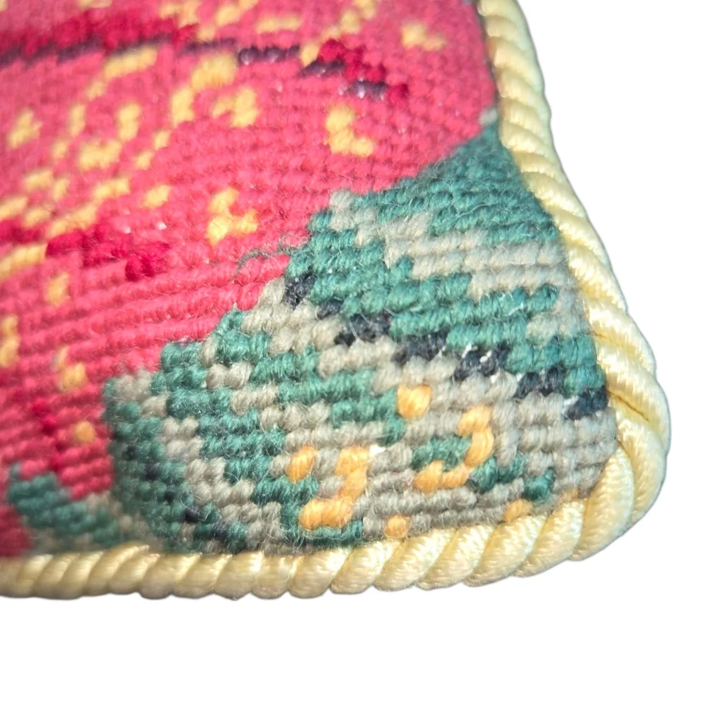 Vintage Angel Needlepoint Tapestry Velvet Backed Gold Braid Edged Pillow 10